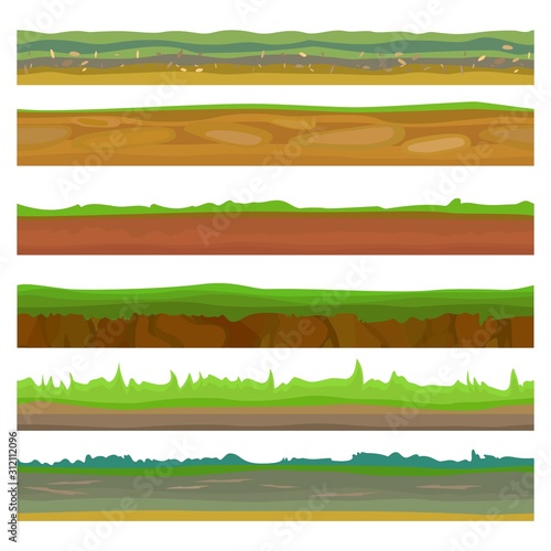 Seamless different grounds, soils and land set for UI games. Surface green soils grass. Soil ground land, underground icon, soil game earth. Vector illustration