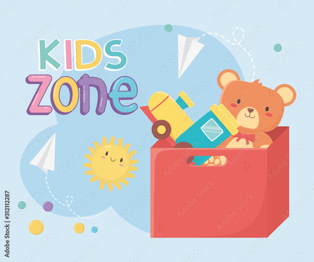 kids zone, filled red box with train and teddy bear kids zone, filled red box with train and teddy bear