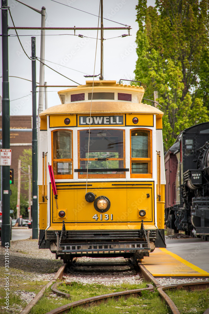 Yellow trolley in Lowell Massachusetts 
