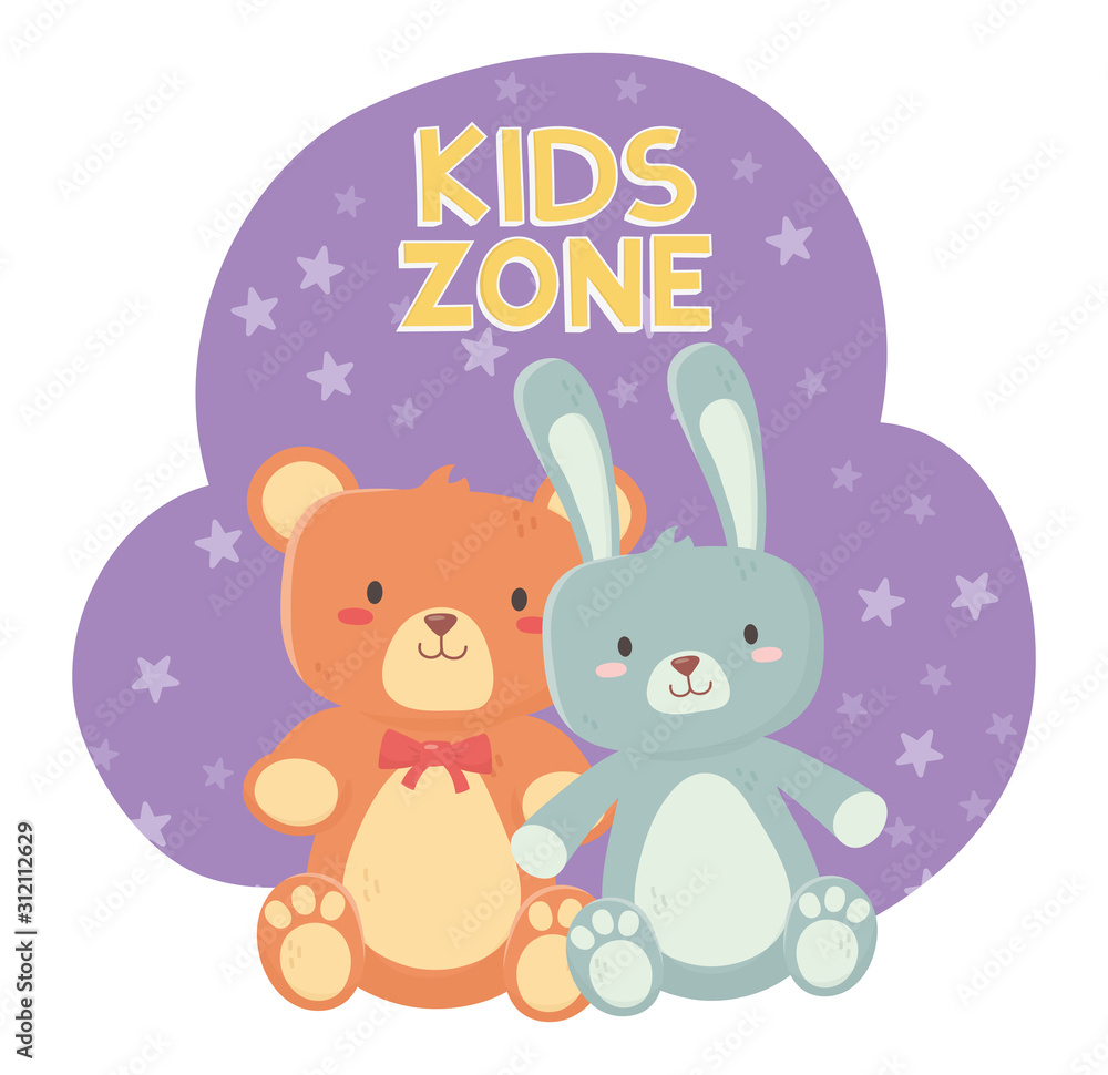 kids zone, teddy bear and cute rabbit toys