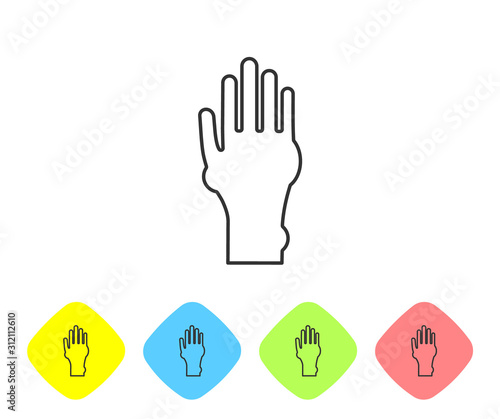 Grey line Hand with psoriasis or eczema icon isolated on white background. Concept of human skin response to allergen or chronic body problem. Set icons in color rhombus buttons. Vector Illustration