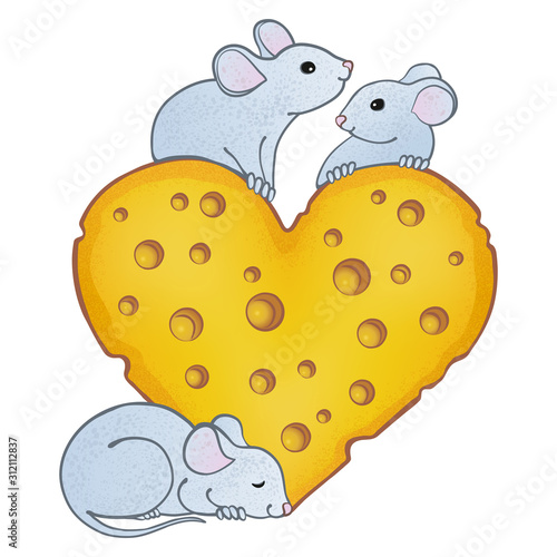 Three cute mice and a big cheese heart.