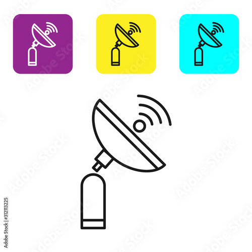 Black line Radar icon isolated on white background. Search system. Satellite sign. Set icons colorful square buttons. Vector Illustration