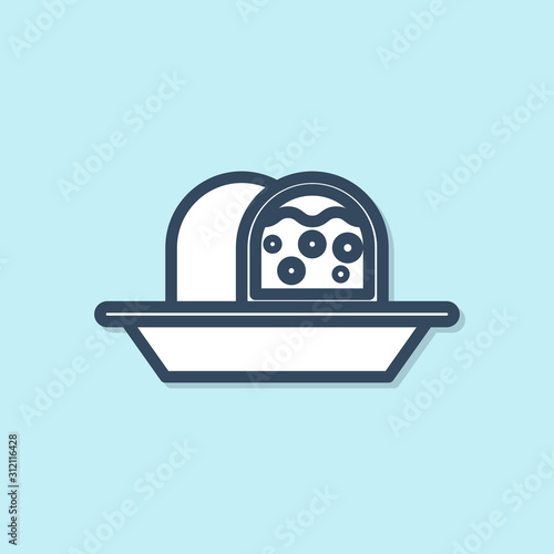 Blue line Marzipan sponge cake icon isolated on blue background. Merry Christmas and Happy New Year.  Vector Illustration