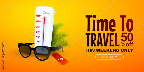 Time to travel horizontal sale banner or discount coupon. Black sunglasses with thermometer shows discount percentage Creative summer holiday discount banner with plam leaves.