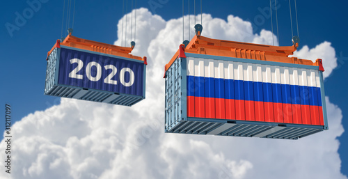 Year 2020 - Freight container with Russia national flag. 3D Rendering