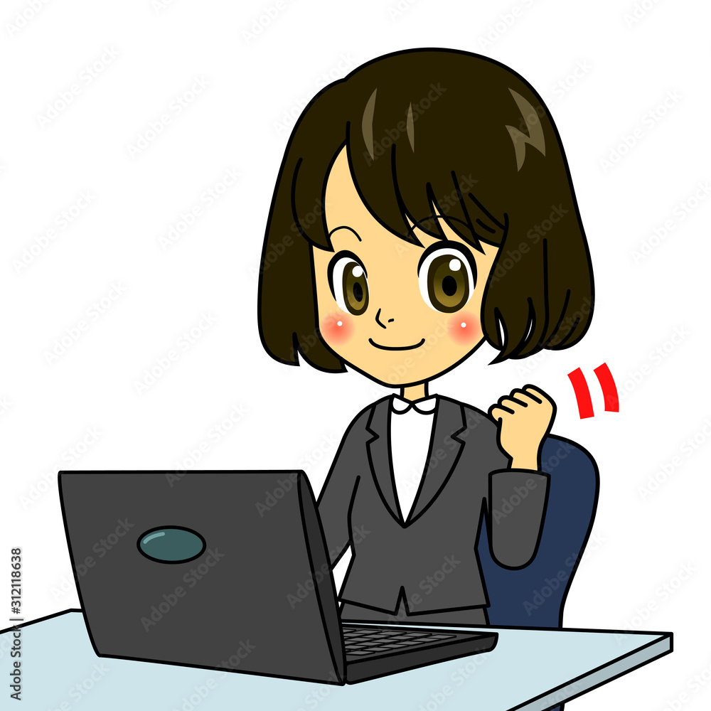 まんがふつう女子パソコン前でガッツポーズ まんがふつう女子パソコン前でガッツポーズ