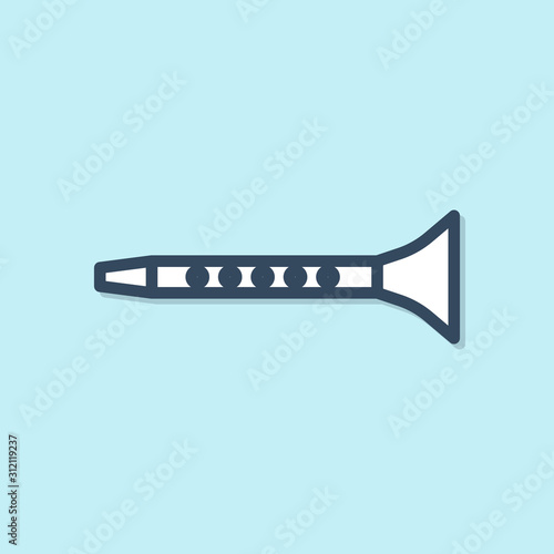 Blue line Clarinet icon isolated on blue background. Musical instrument.  Vector Illustration