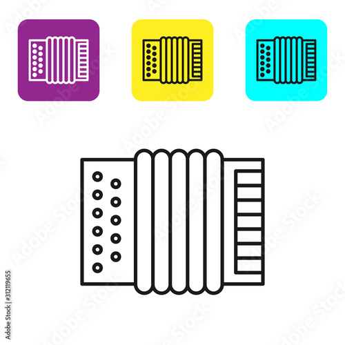 Black line Musical instrument accordion icon isolated on white background. Classical bayan, harmonic. Set icons colorful square buttons. Vector Illustration