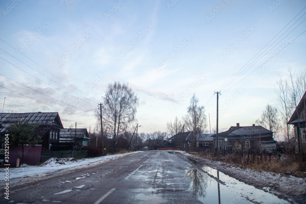 Driving through some small village in Russia in winter