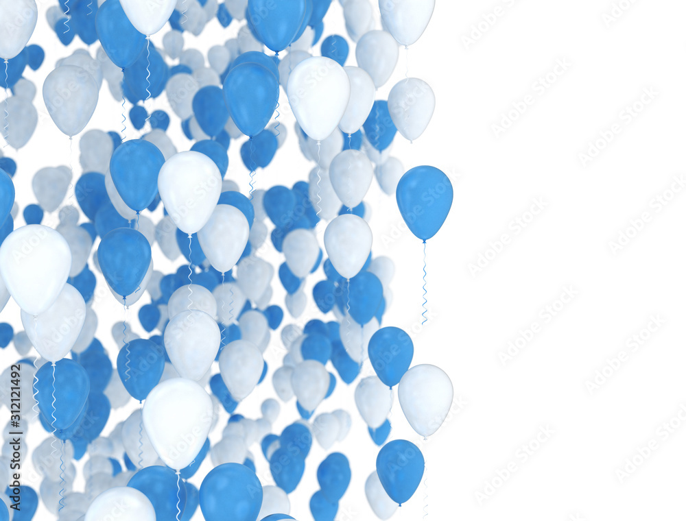 Blue and white balloons with sopy space for text. 3D illustration