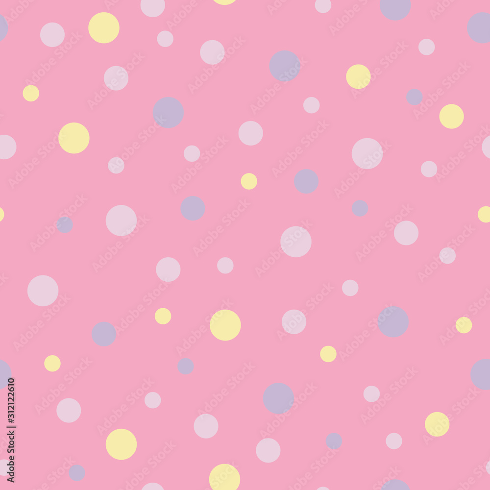 Vector seamless pattern pastel rainbow with purple, pink, yellow polka dots and pink background