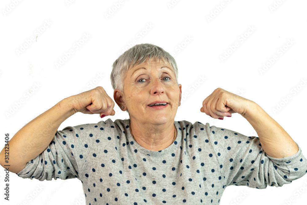 adult woman with gray hair and blue eyes pulling muscle isolated on White background adult woman with gray hair and blue eyes pulling muscle isolated on White background