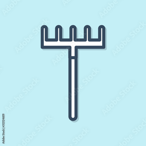 Blue line Garden rake icon isolated on blue background. Tool for horticulture, agriculture, farming. Ground cultivator. Housekeeping equipment.  Vector Illustration