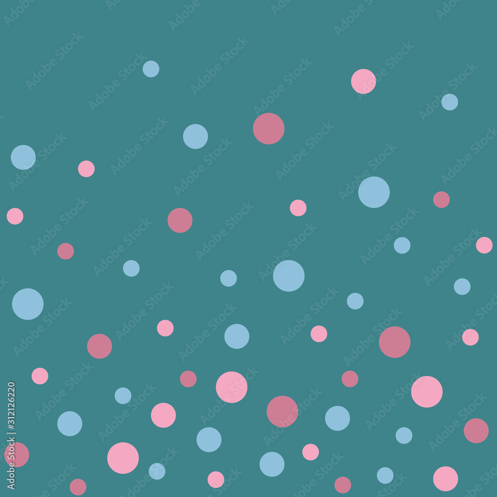 Vector seamless pattern pastel rainbow with blue, pink, purple polka dots and green background