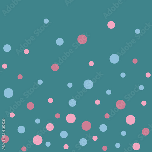 Vector seamless pattern pastel rainbow with blue, pink, purple polka dots and green background