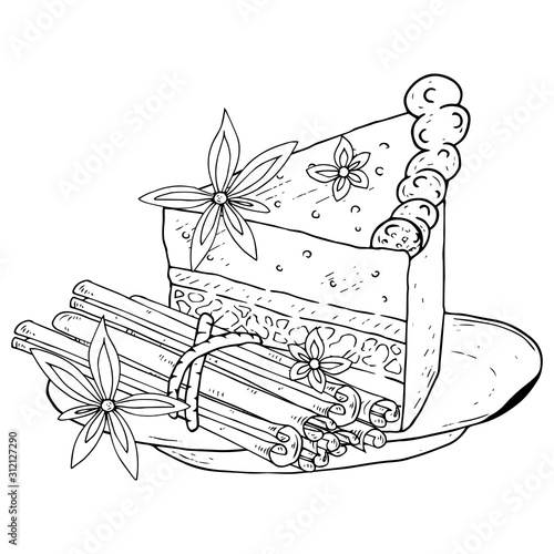 Cake with cinnamon on a plate icon. Vector illustration of a piece of cake and cinnamon sticks. Hand drawn cake with cinnamon.