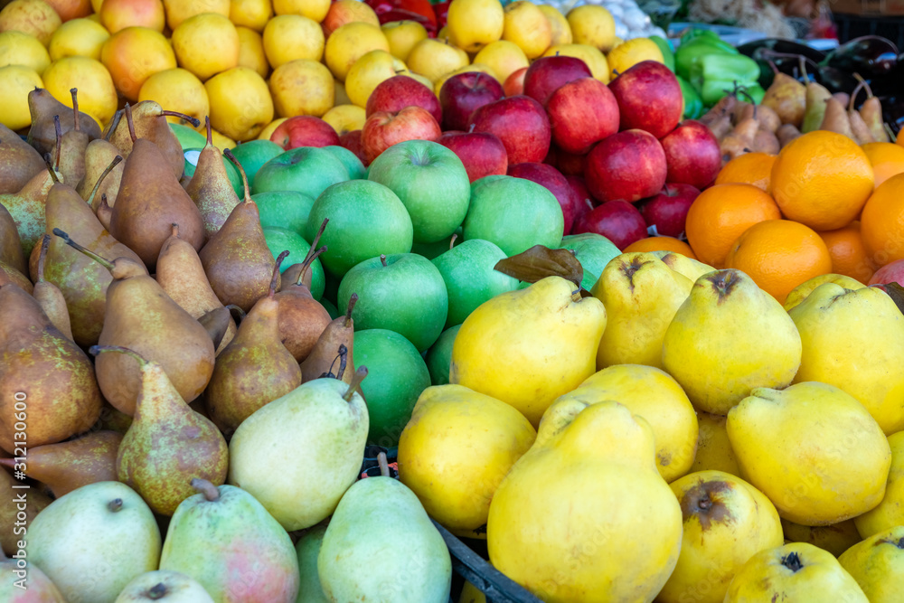 Various fresh fruits at farmer market. Vitamin. Various fresh fruits at farmer market. Vitamin.