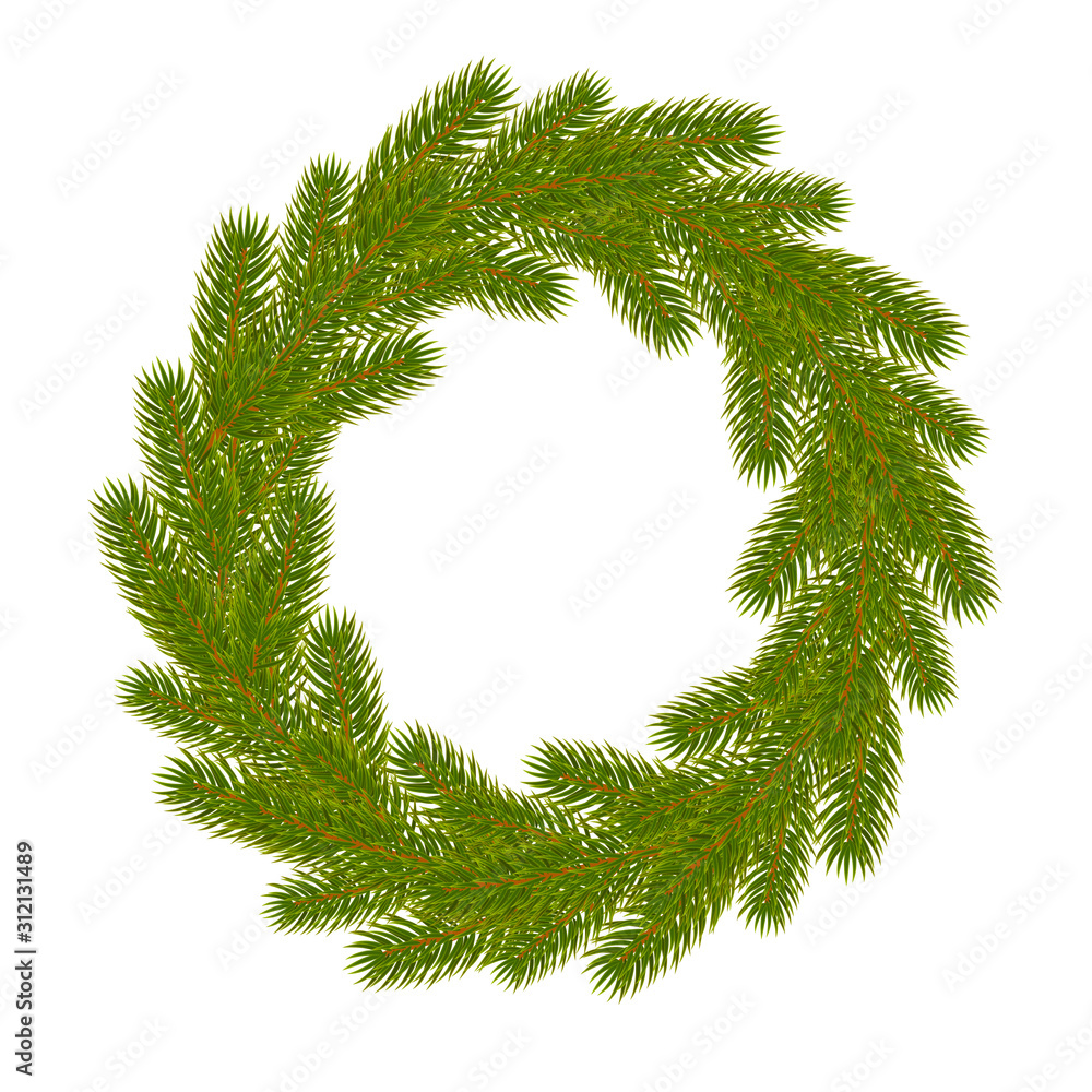 Christmas wreath of branches of spruce or pine. Christmas decorations. Christmas tree. Vector illustration isolated on white background. Christmas wreath of branches of spruce or pine. Christmas decorations. Christmas tree. Vector illustration isolated on white background.