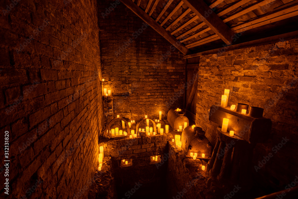 Candle lit room with many candles at night beauty Candle lit room with many candles at night beauty