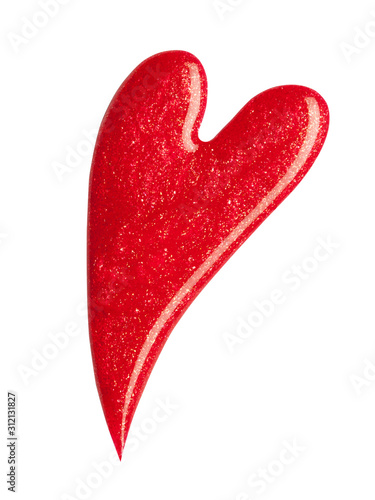 Fotografia Blot of red nail polish shaped heart isolated on white