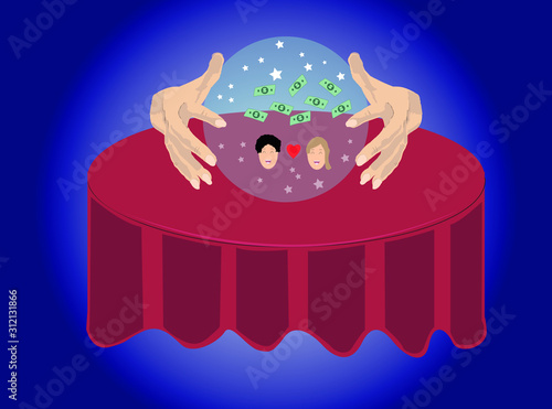 Crystal Ball prediction illustration. Couple love. Money for future. Hands over a red table with crystall ball