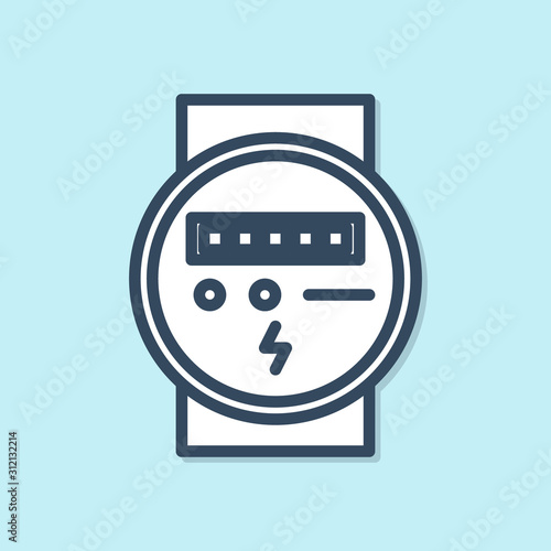 Blue line Electric meter icon isolated on blue background.  Vector Illustration
