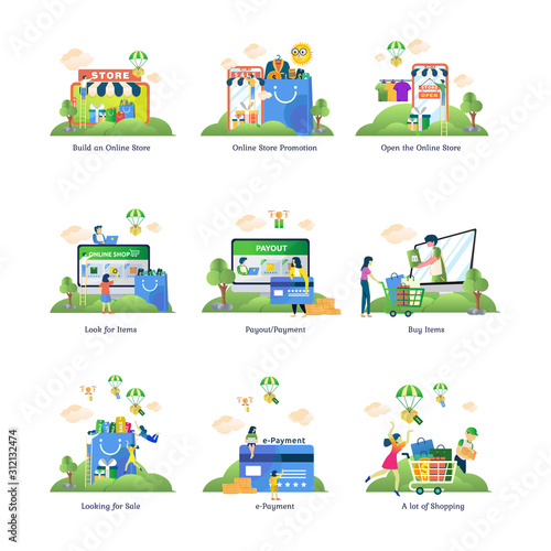 Collection of vector design illustrations with e-commerce concept for graphic resources