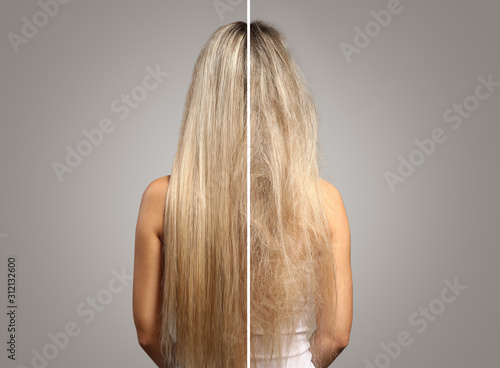 Fototapeta Woman before and after hair treatment on grey background, back view