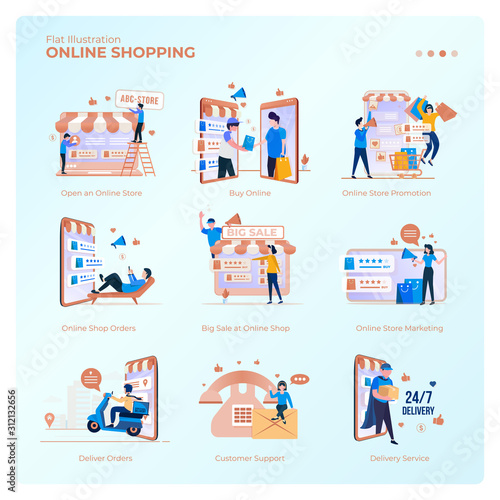 Collection of vector design illustrations with online shopping concept for e-commerce graphic resources