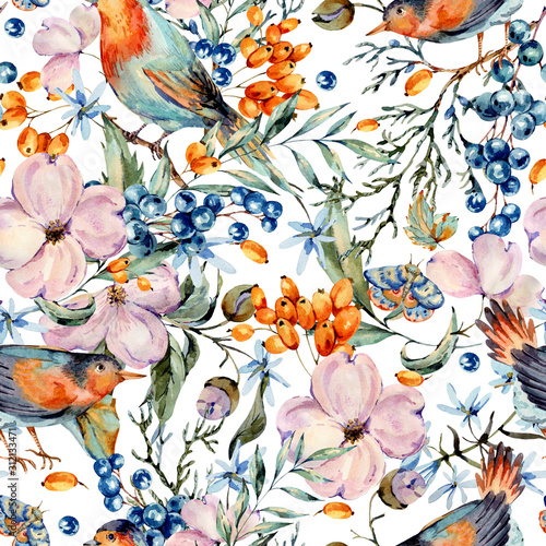 Gentle watercolor seamless pattern with pair of birds, pink, flowers, blue and orange berries © depiano