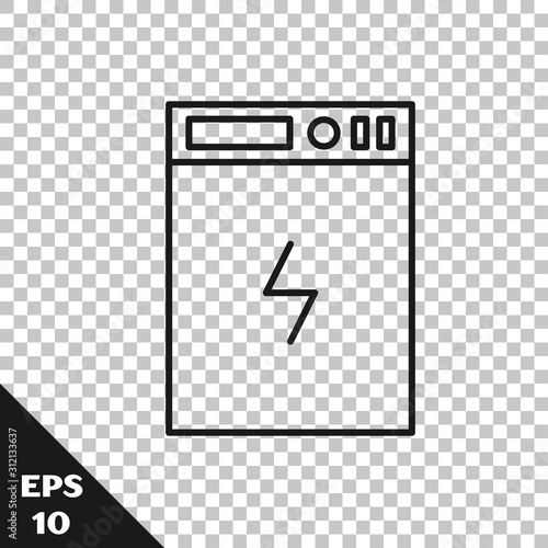 Black line Power bank icon isolated on transparent background. Portable charging device.  Vector Illustration