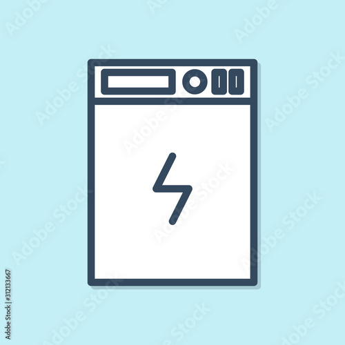 Blue line Power bank icon isolated on blue background. Portable charging device.  Vector Illustration