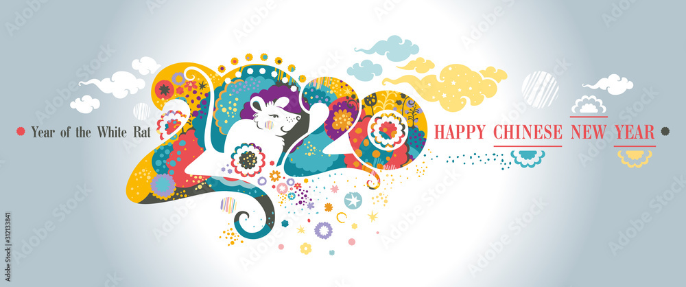 Happy Chinese New Year 2020. Horizontal banner. Beautiful illustration of the white Rat on a bright floral patterns and clouds background 2020 of stylized vibrant nature. Flat vector graphic.