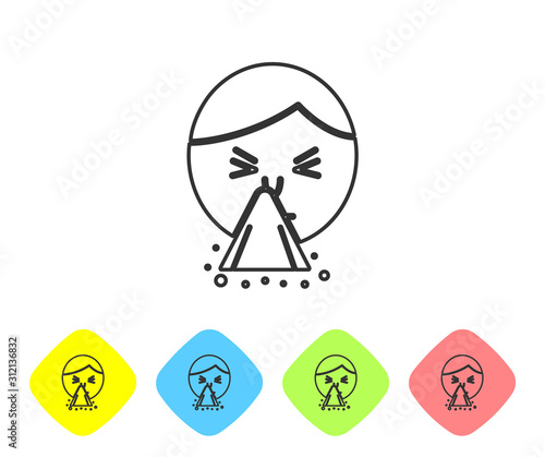 Grey line Man holding handkerchief or napkin to his runny nose icon isolated on white background. Coryza desease symptoms. Set icons in color rhombus buttons. Vector Illustration