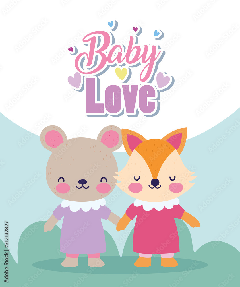 baby shower cute fox and bear girls with dress holding hands baby shower cute fox and bear girls with dress holding hands