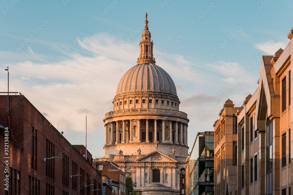 St. Paul's Cathedral Dome and Soft Evening Sunlight, in London, UK