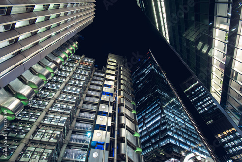 Modern Office Buildings at Night in the City of London, UK