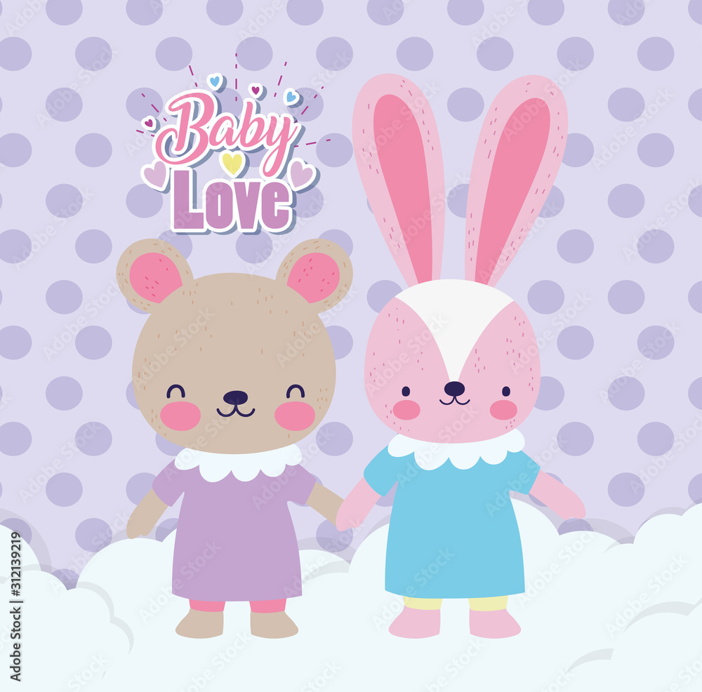 baby shower cute rabbit and bear girls with dress holding hands on clouds baby shower cute rabbit and bear girls with dress holding hands on clouds