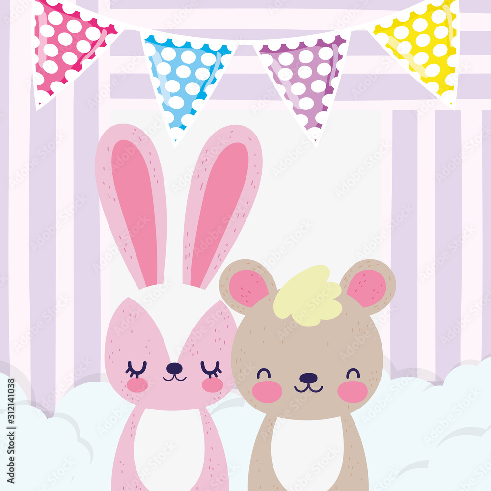 baby shower love cute rabbit and bear in clouds with buntings baby shower love cute rabbit and bear in clouds with buntings