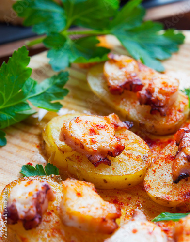 Pulpo a la gallega con patatas -  Spanish traditional dish from Gallicia -  octopus with potatoes. photo