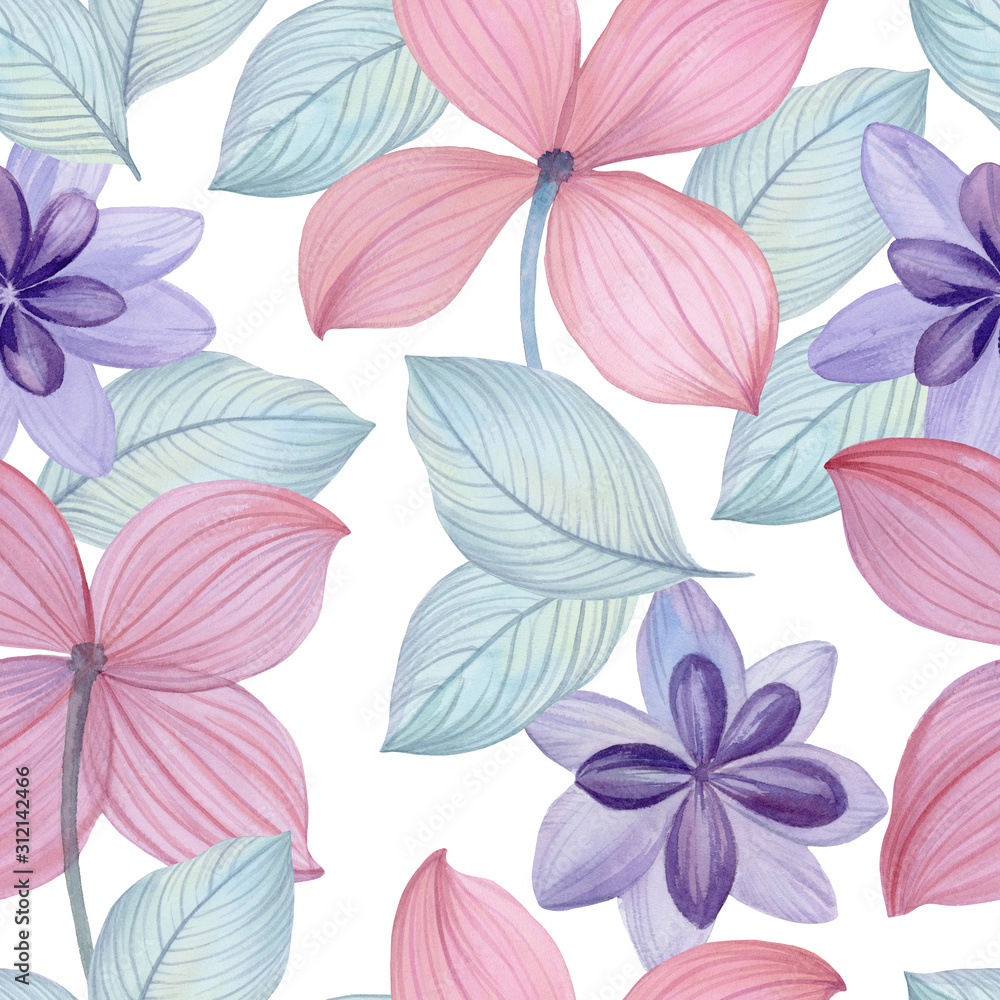 Pattern of watercolor flowers. Delicate flowers and leaves for cards and design. Flowers isolate on a white background.