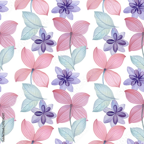 Seamless watercolor exotic floral pattern. Seamless watercolor pattern for design. Hand painted flowers of different colors. © Sergei