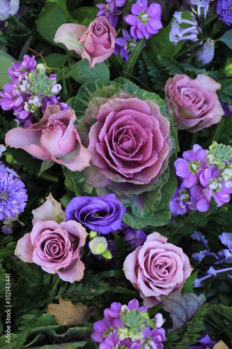Mixed blue purple wedding arrangement