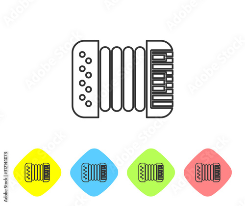 Grey line Musical instrument accordion icon isolated on white background. Classical bayan, harmonic. Set icons in color rhombus buttons. Vector Illustration