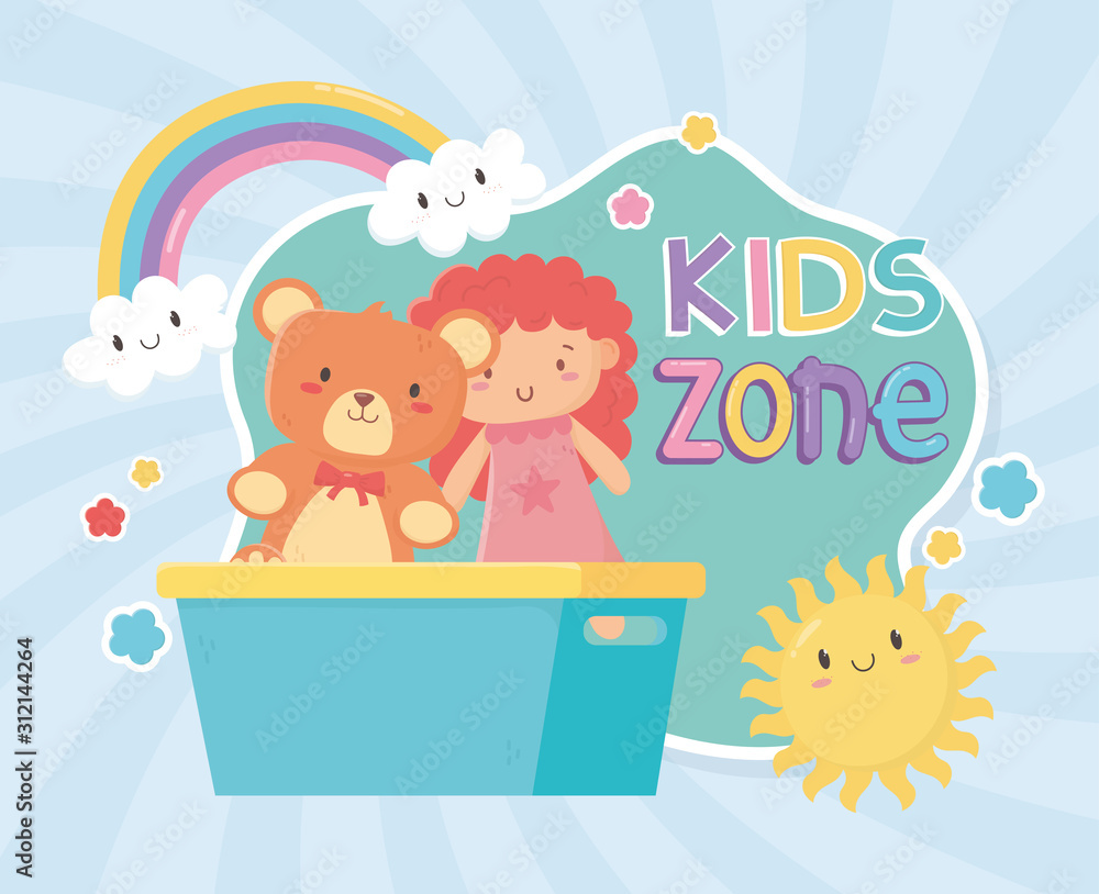 kids zone, teddy bear and little doll in bucket toys kids zone, teddy bear and little doll in bucket toys