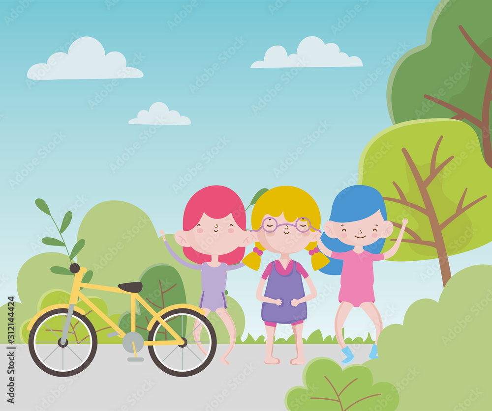 happy childrens day cute group little girls with bike in park happy childrens day cute group little girls with bike in park