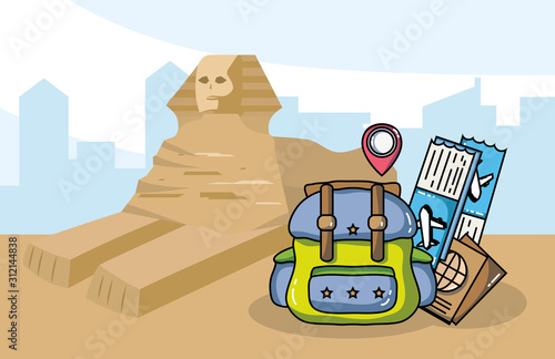 egyptian ancient sphinx backpack tickets passport tourist vacation travel