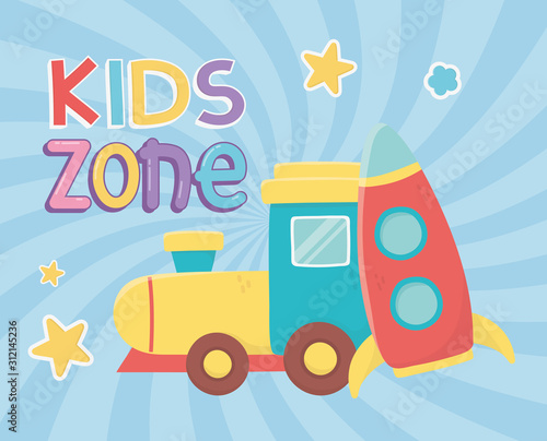 kids zone, train wagon and plastic rocket toys