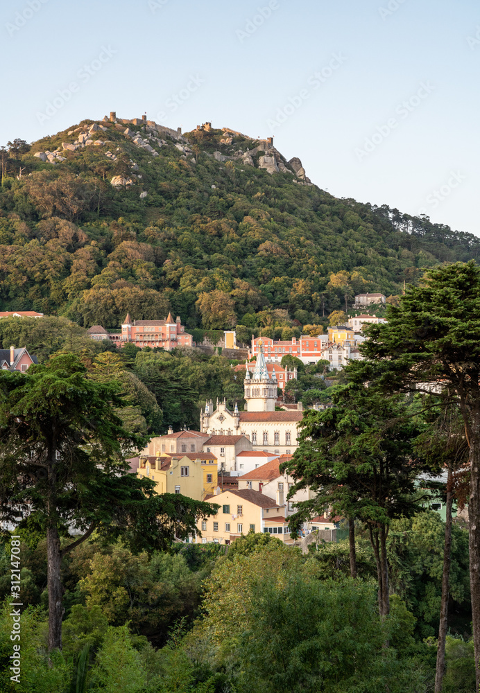 View of the Portuguese town of Sintra with the Moorish fortress on the hilltop above the city